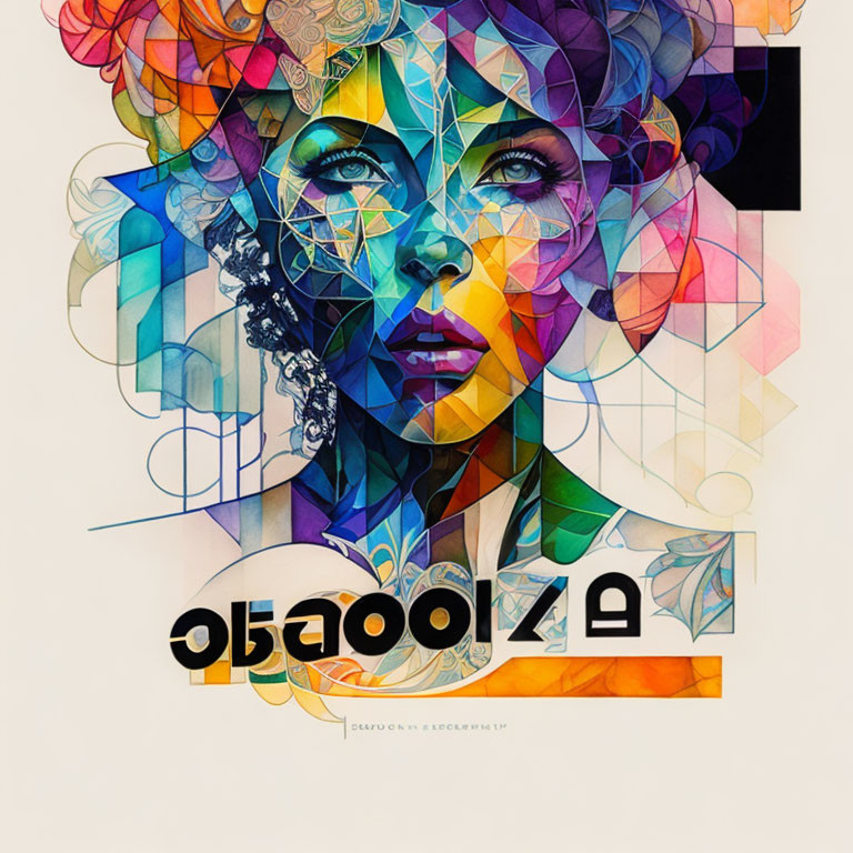 Vibrant geometric abstract portrait with stylized typography