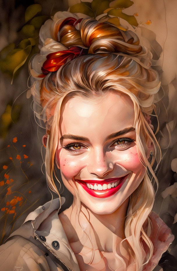 Smiling woman with stylish updo in autumnal setting