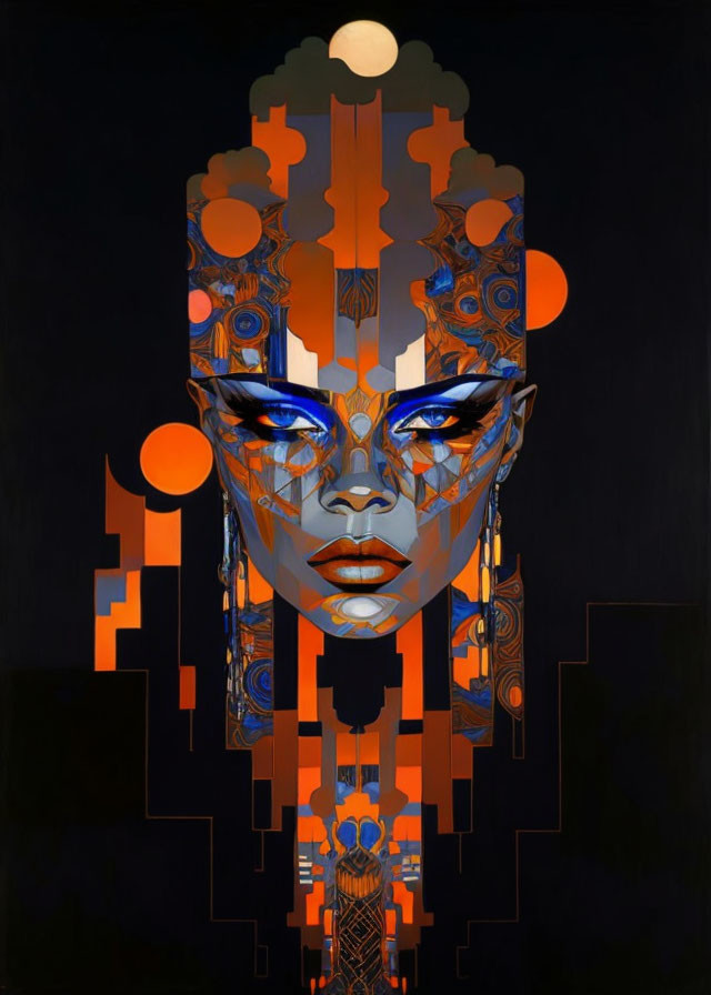 Stylized female figure with blue eyes in geometric cybernetic art