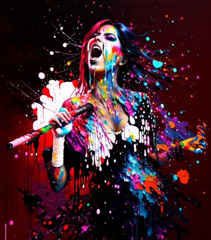 Colorful painting of a woman singing with paint splatters