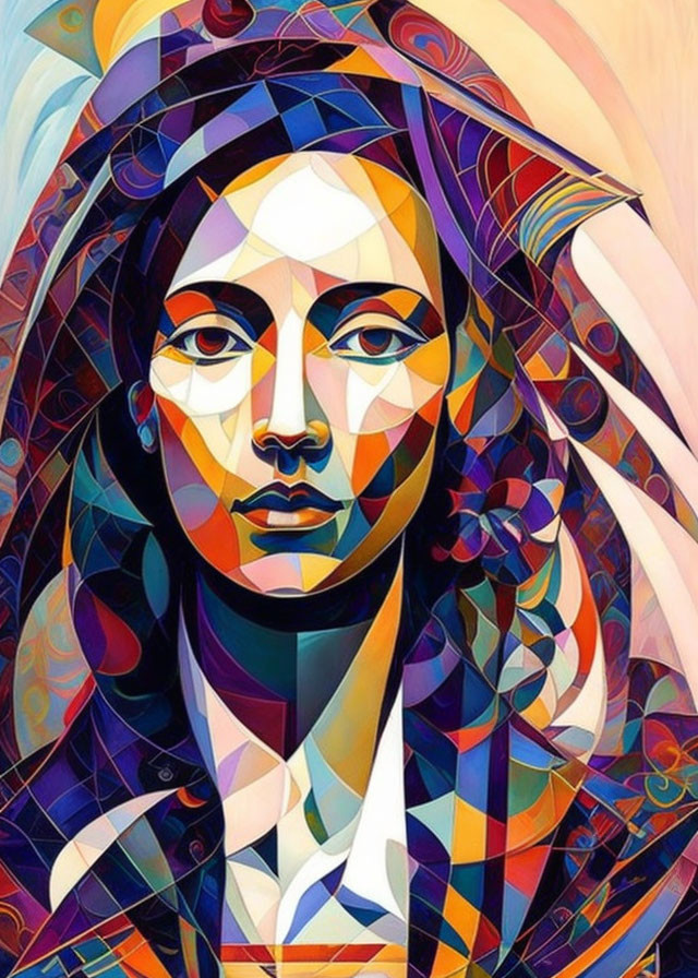 Vibrant abstract portrait of a woman with geometric patterns