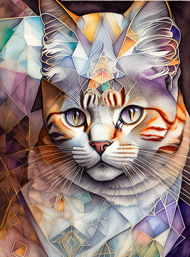 Colorful Geometric Art: Stylized Cat with Mosaic Patterns