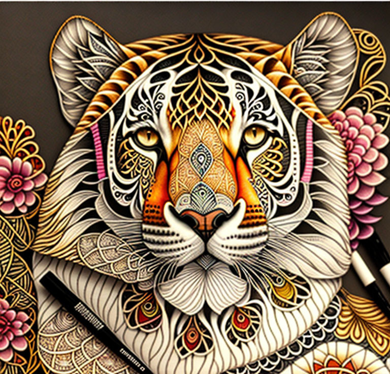 Detailed Tiger Face Illustration with Mandala Patterns & Drawing Pens