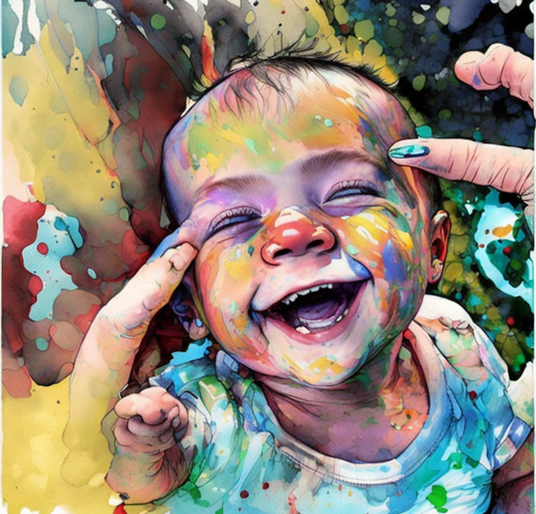 Vibrant baby illustration with paint splatters portraying joy