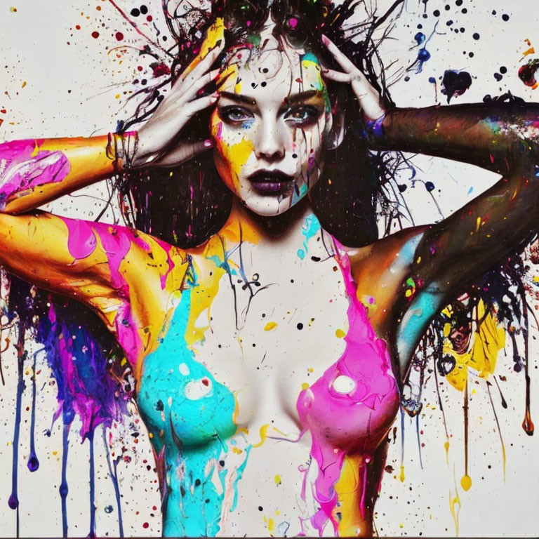 Colorful Woman Covered in Paint Splashes on Vibrant Background