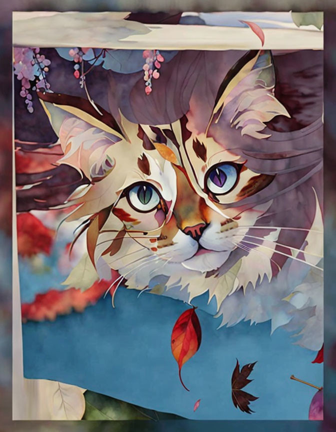 Vibrant cat face art with large eyes in autumn leaves and cherry blossoms