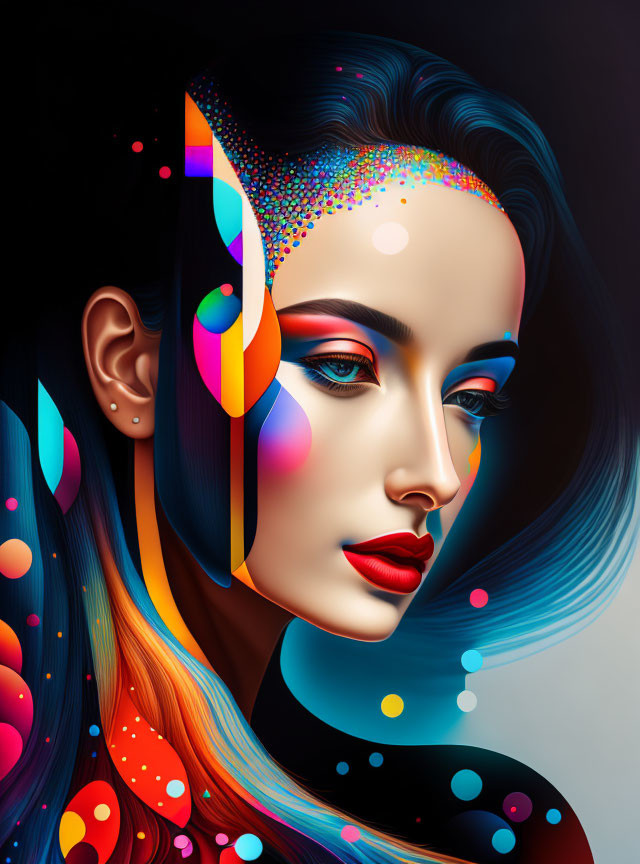 Vibrant digital art portrait with colorful patterns and dots