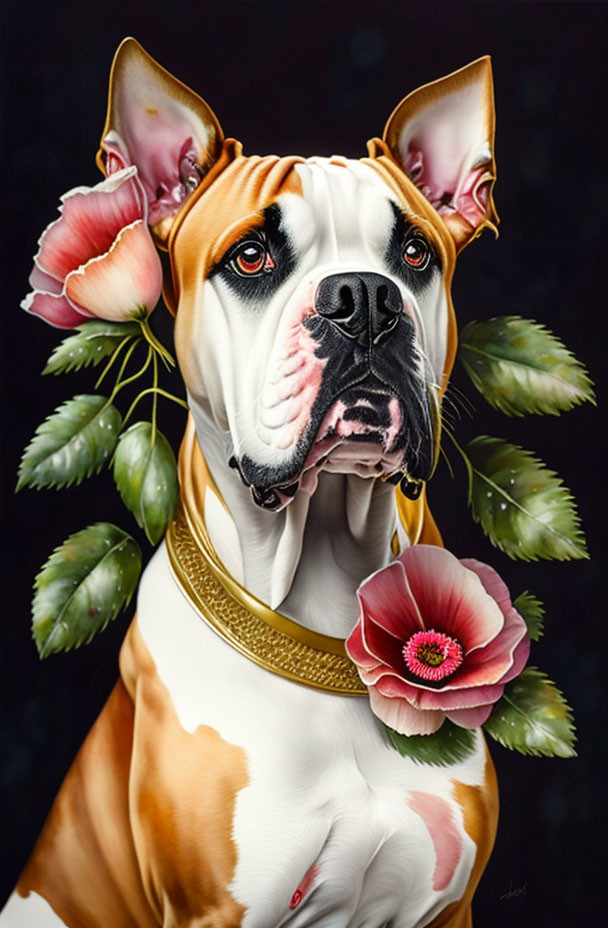 Brown and White Dog Painting with Gold Chain and Floral Background