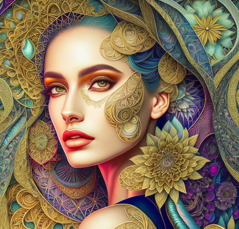 Colorful digital artwork featuring woman with intricate floral patterns.