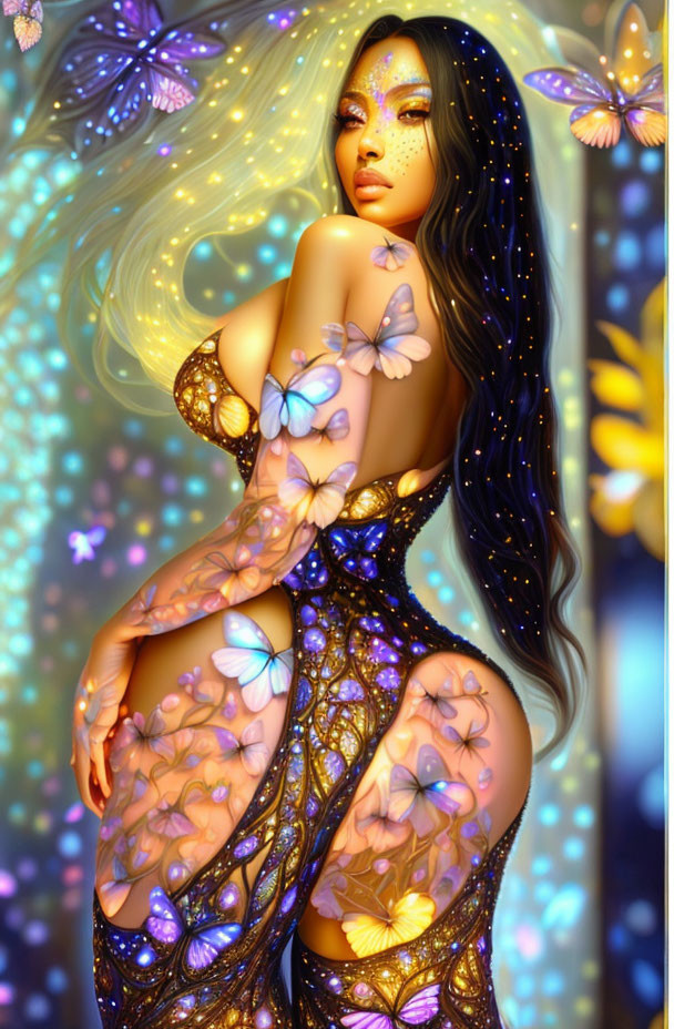 Digital artwork: Woman with long hair, butterfly tattoos, in semi-sheer dress, against vivid