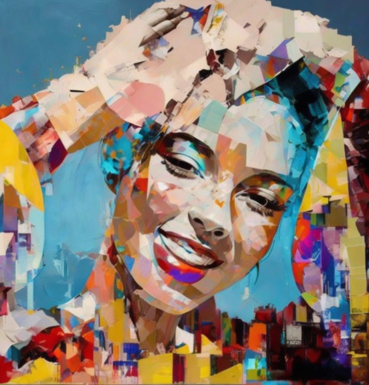 Vibrant geometric abstract portrait of a smiling woman