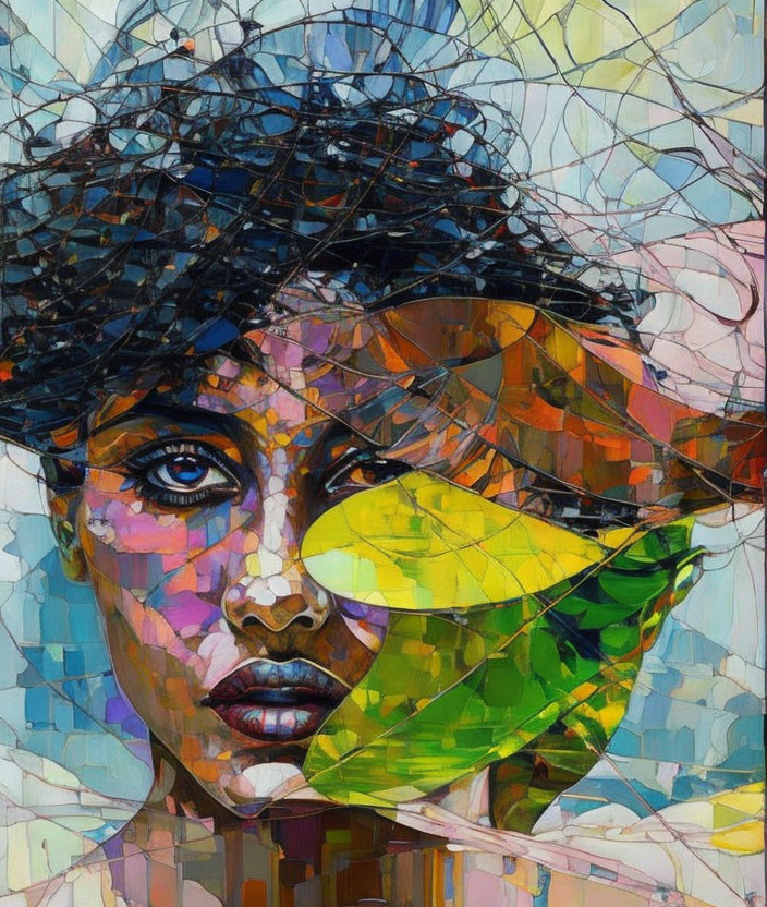 Vibrant Cubist-style woman portrait with geometric shapes and leaf motif