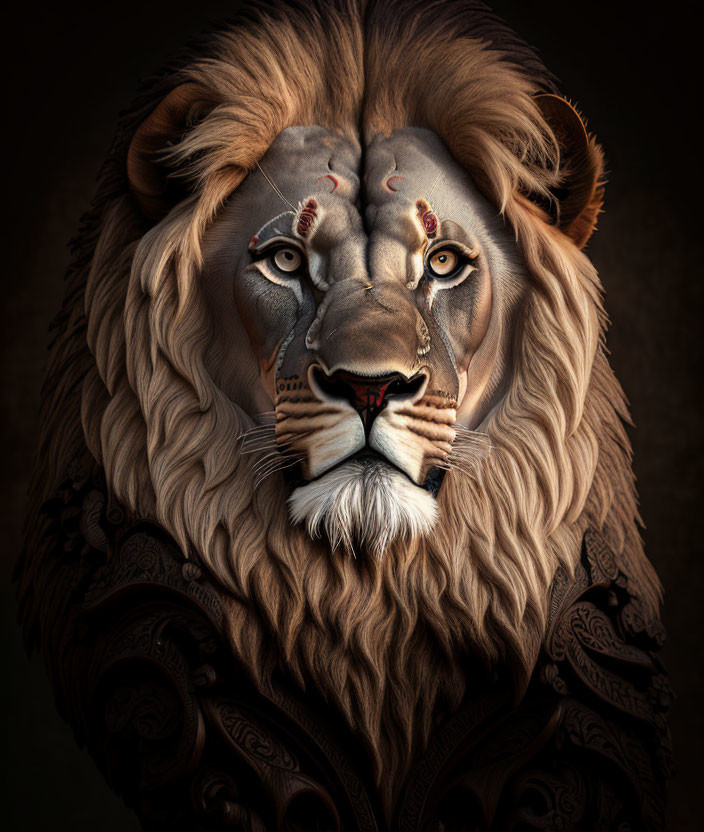 Majestic lion with tribal markings on dark background