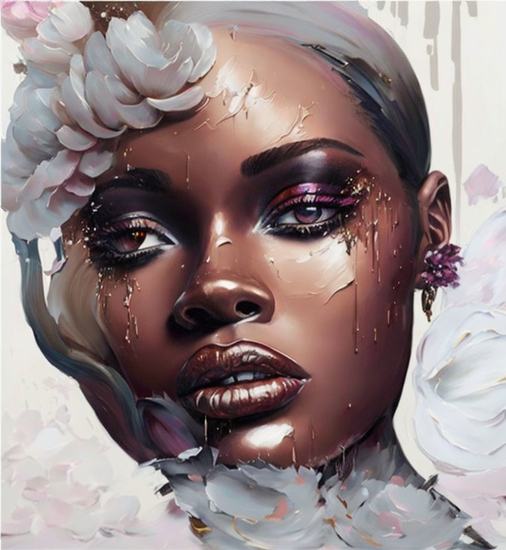 Dark-skinned woman adorned with white flowers and shimmering makeup.