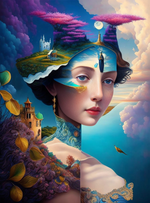 Surreal portrait blending woman with landscape elements