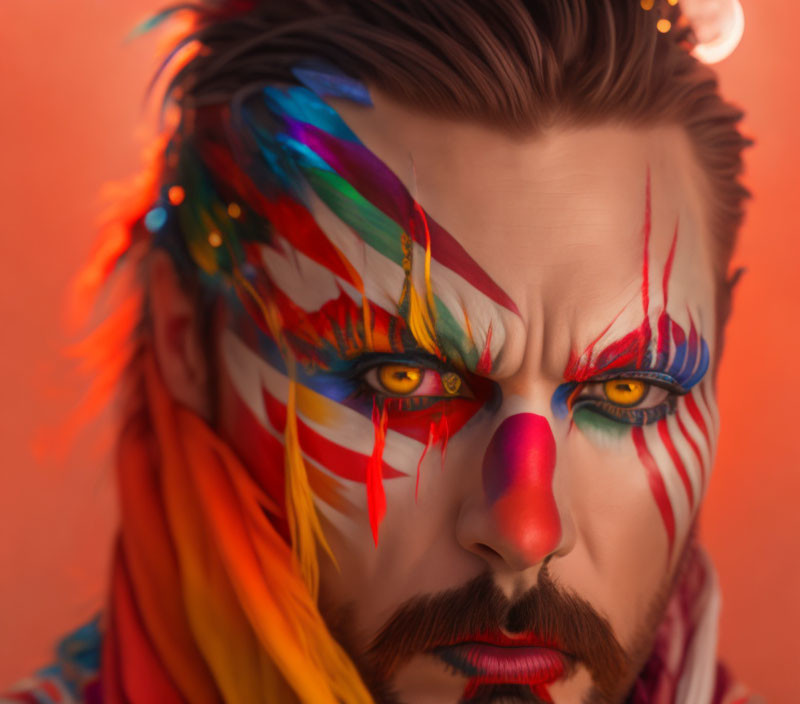 Person with vibrant feathered face paint and yellow eyes on red background