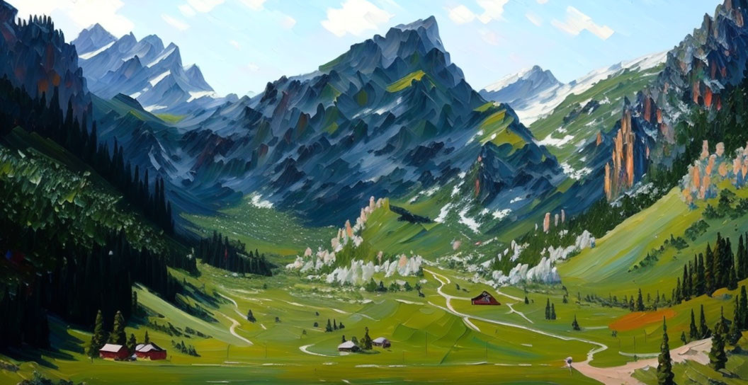 Scenic landscape painting with green hills, cabins, and mountains