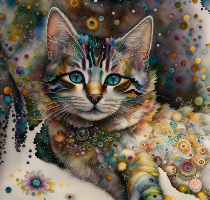 Vibrant psychedelic cat illustration with colorful patterns