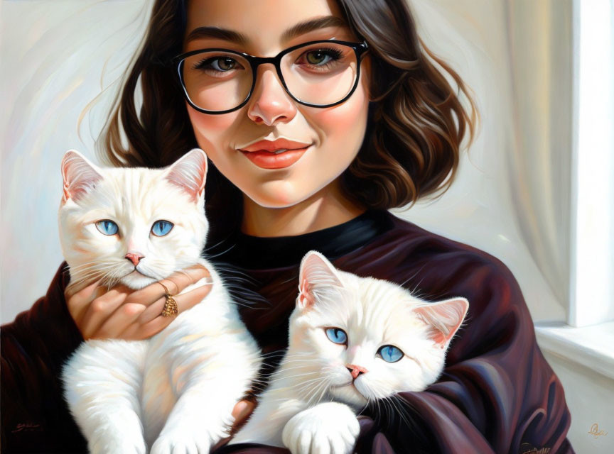 Smiling woman with glasses holding two white kittens