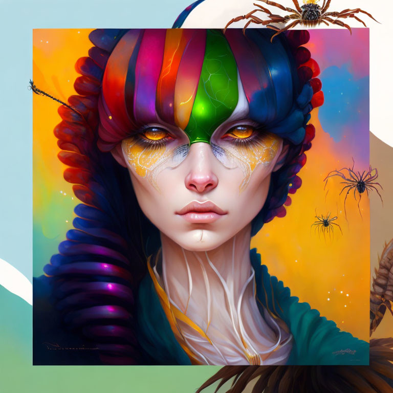 Vibrant portrait with rainbow hair, face paint, and spiders on soft background