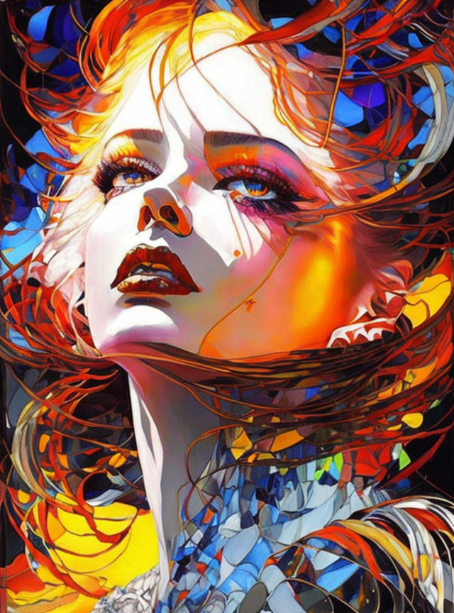 Vibrant makeup woman illustration with swirling hair on black background