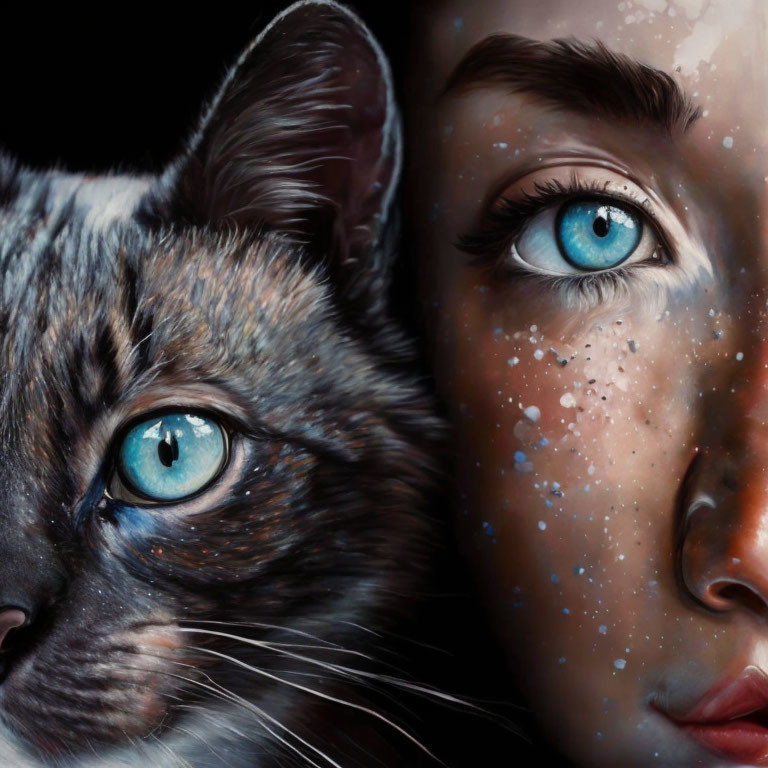 Close-up Artwork of Tabby Cat and Woman with Blue Eyes Showing Human-Animal Connection