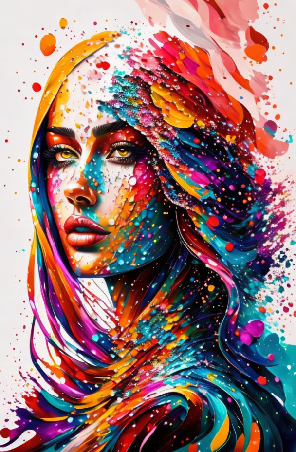 Colorful artwork of woman with flowing hair and abstract elements