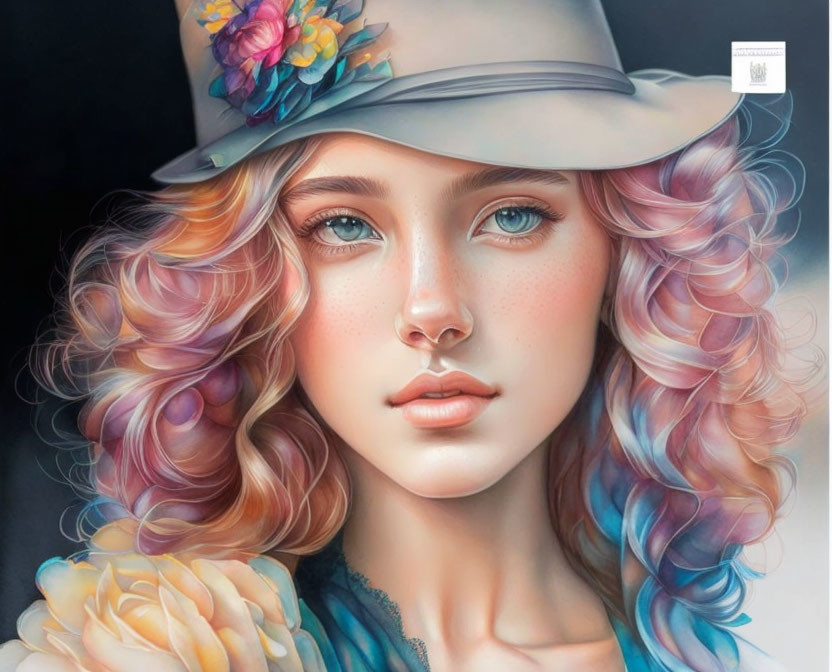 Multicolored hair woman with blue eyes and floral hat portrait.