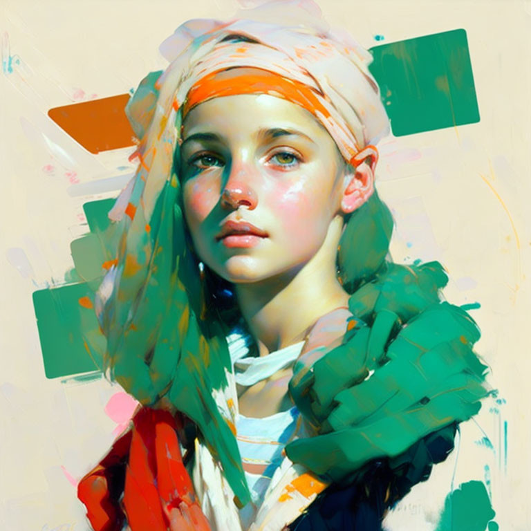 Young person in headscarf with colorful brushstrokes portrait.