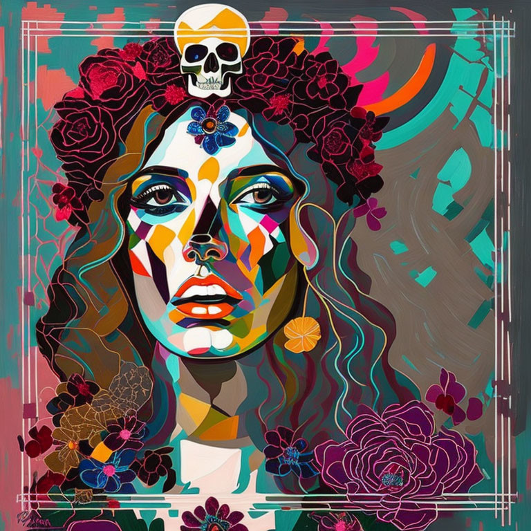 Vibrant digital portrait of woman with floral and geometric elements