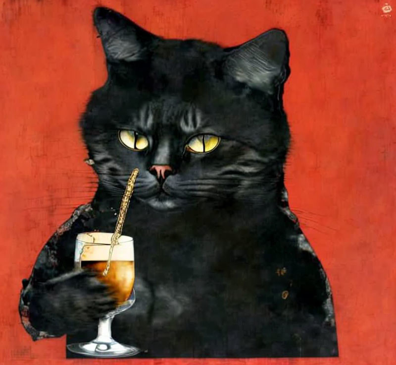 Black cat illustration with yellow eyes holding a glass on red background