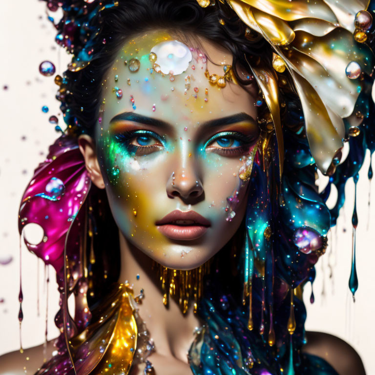 Fantasy-themed portrait of a woman with vibrant multicolored makeup and liquid textures