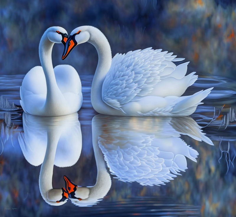 White swans create heart shape in serene blue water scene