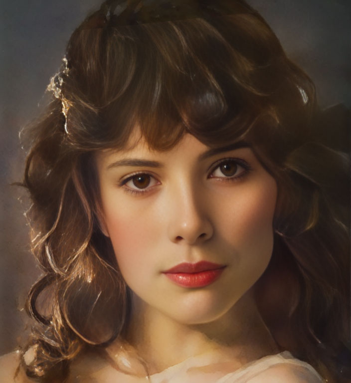 Portrait of woman with curly hair, red lips, and headband exudes classic, romantic aura