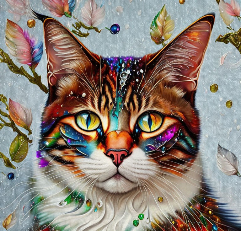 Vibrant cat with multicolored fur and kaleidoscopic eyes in whimsical setting