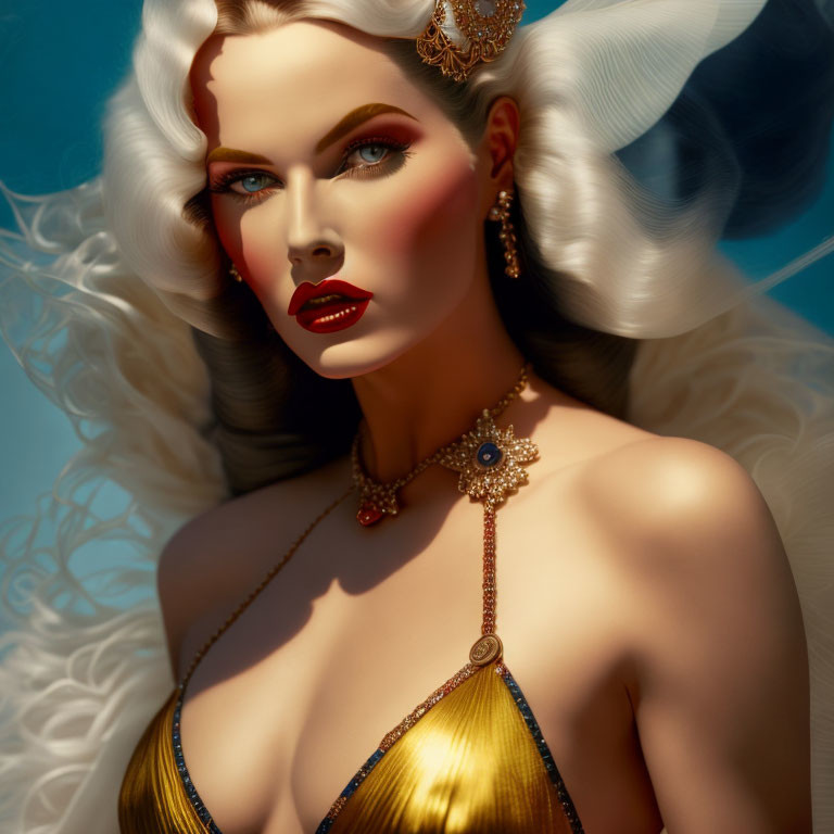 Elegant woman in golden attire with striking makeup and ornate jewelry