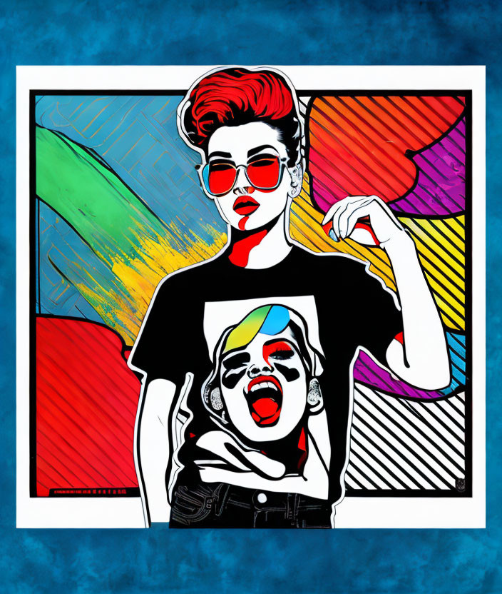 Person with Red Hair in Pop Art Style Against Colorful Background