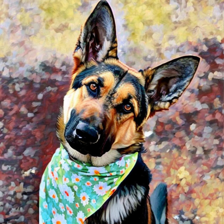 Digitally altered German Shepherd dog with green bandana and vibrant colors