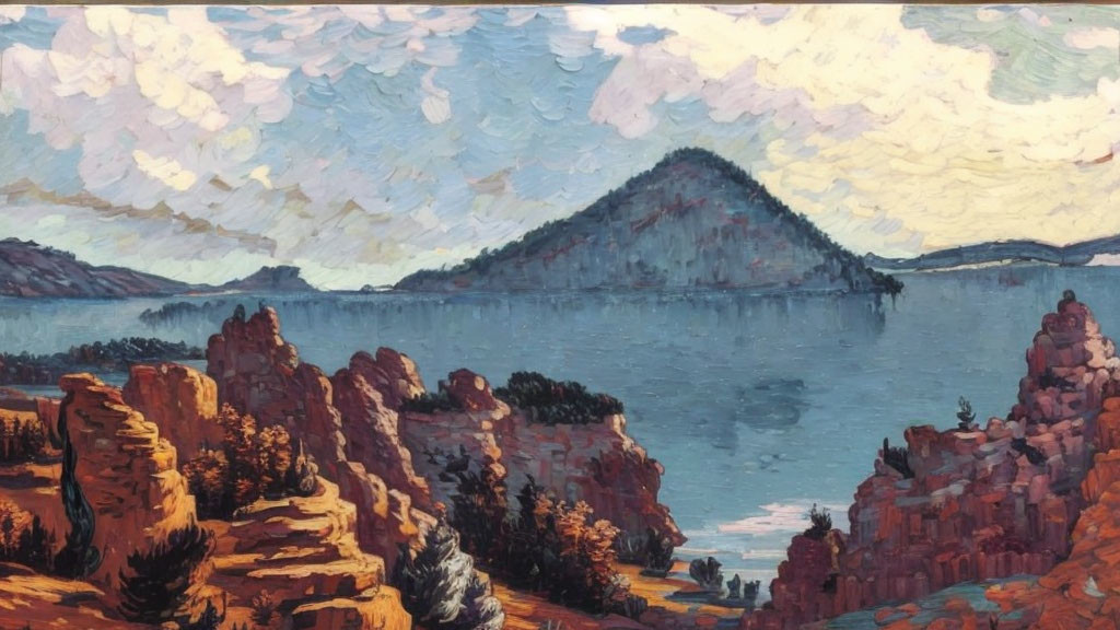 Scenic painting of a serene lake with a mountain backdrop