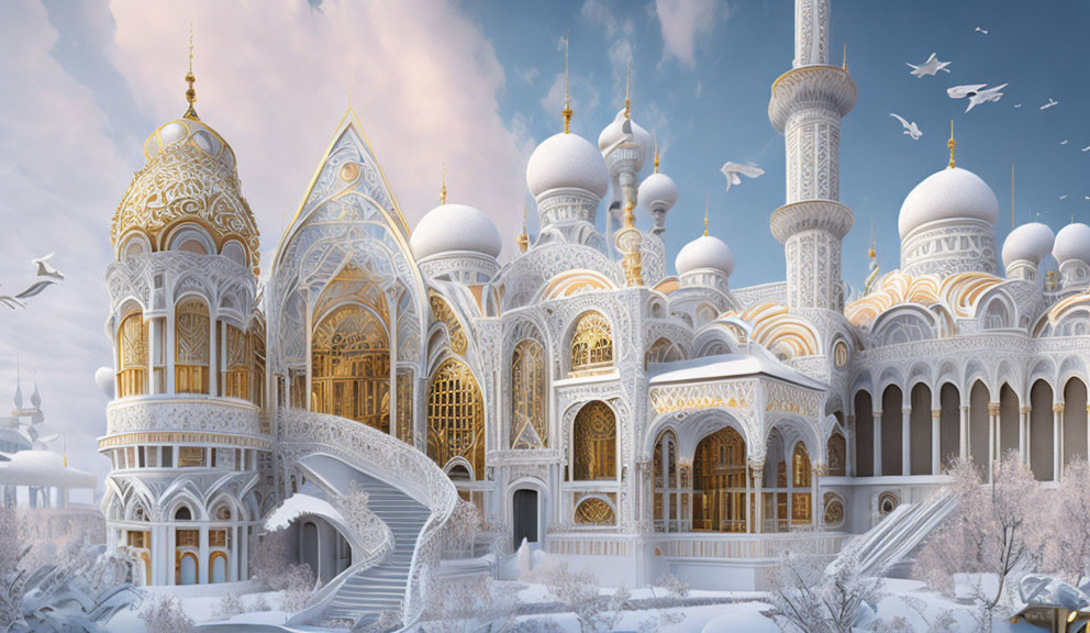 Ornate white and gold winter palace with domes and tower