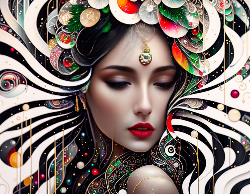 Colorful digital artwork of woman with swirling patterns.