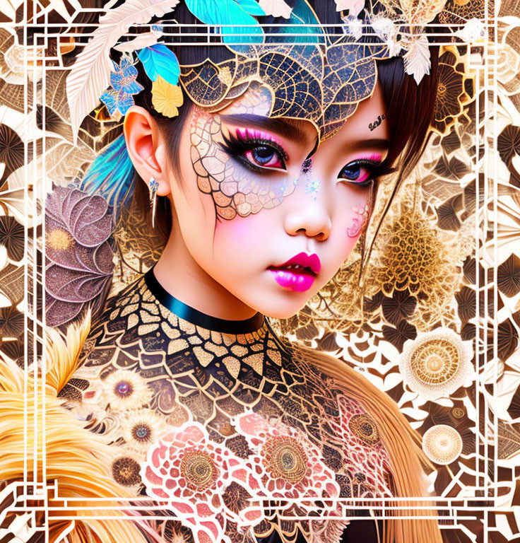 Colorful makeup woman in digital artwork with intricate patterns and golden floral motif