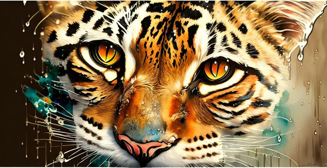 Vivid yellow-eyed tiger face in colorful digital art