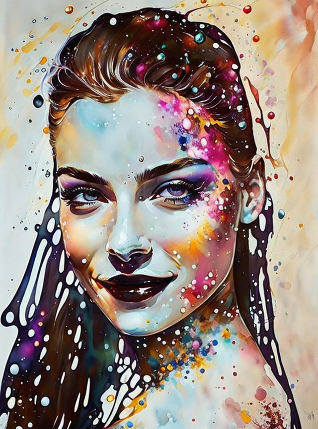 Colorful portrait of woman with abstract watercolor design on face