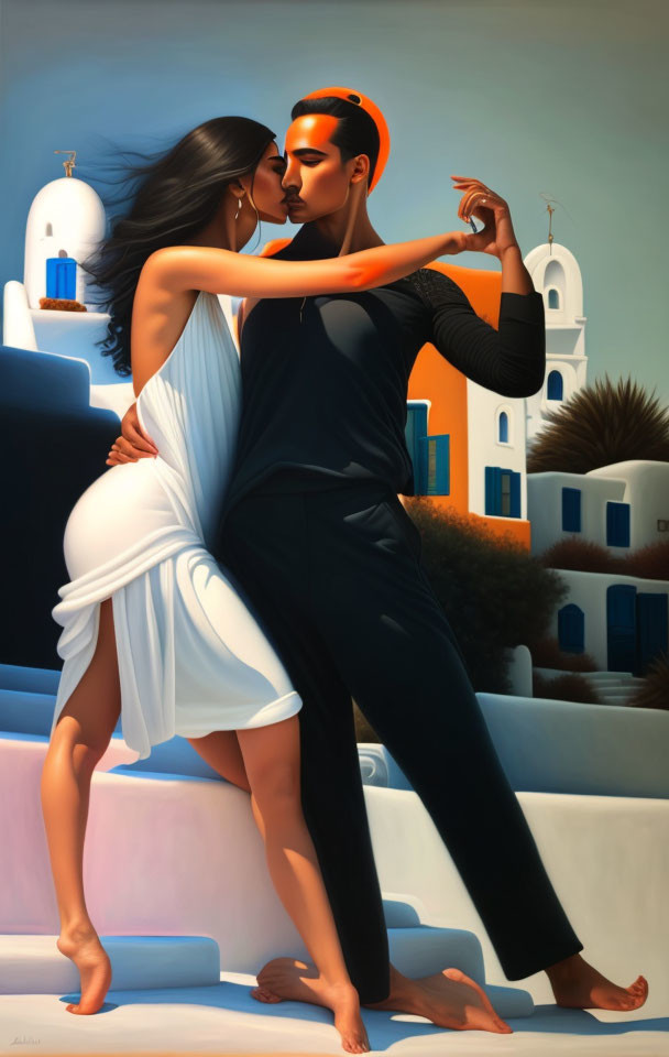 Stylized figures in intimate dance on balcony with Greek island backdrop