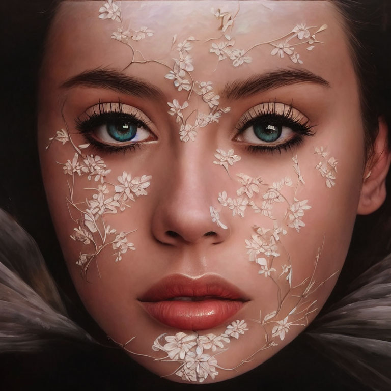 Close-up portrait featuring woman with blue eyes and delicate white flowers for a mesmerizing effect