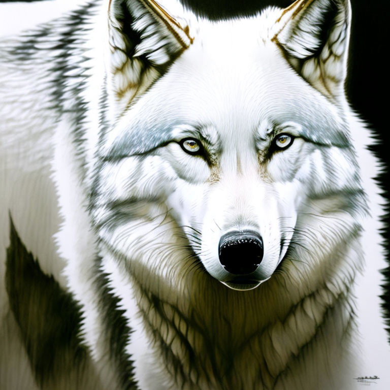 Detailed illustration: Wolf with piercing eyes, white and gray fur