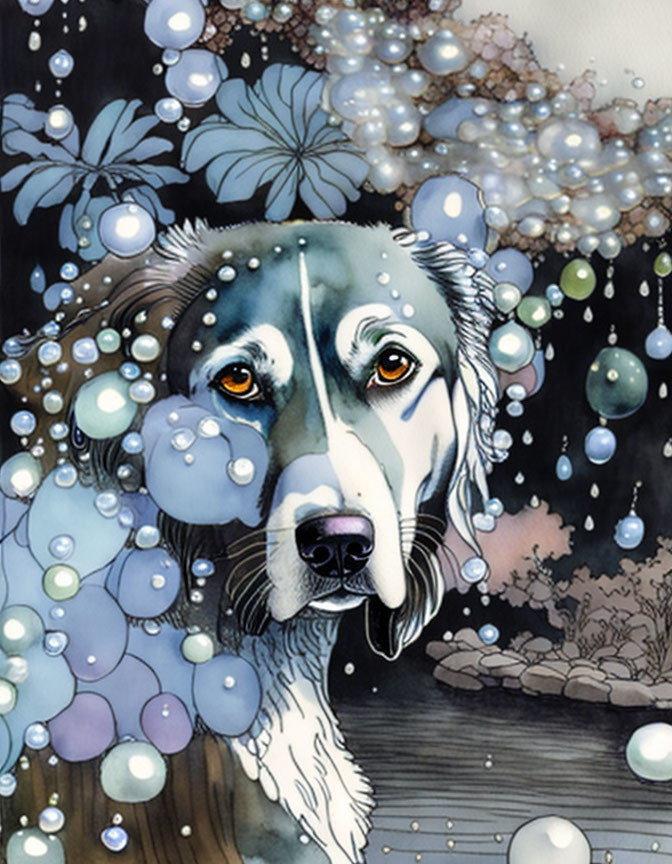 Introspective dog head surrounded by bubbles and florals on dark background