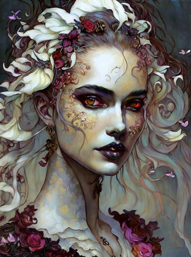 Fantasy woman portrait with pale skin, intricate floral adornments, and red eyes