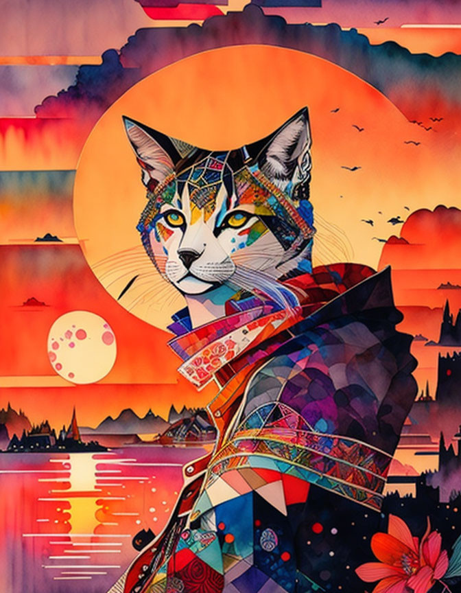 Colorful Cat Illustration with Geometric Pattern Against Sunset Castle Scene